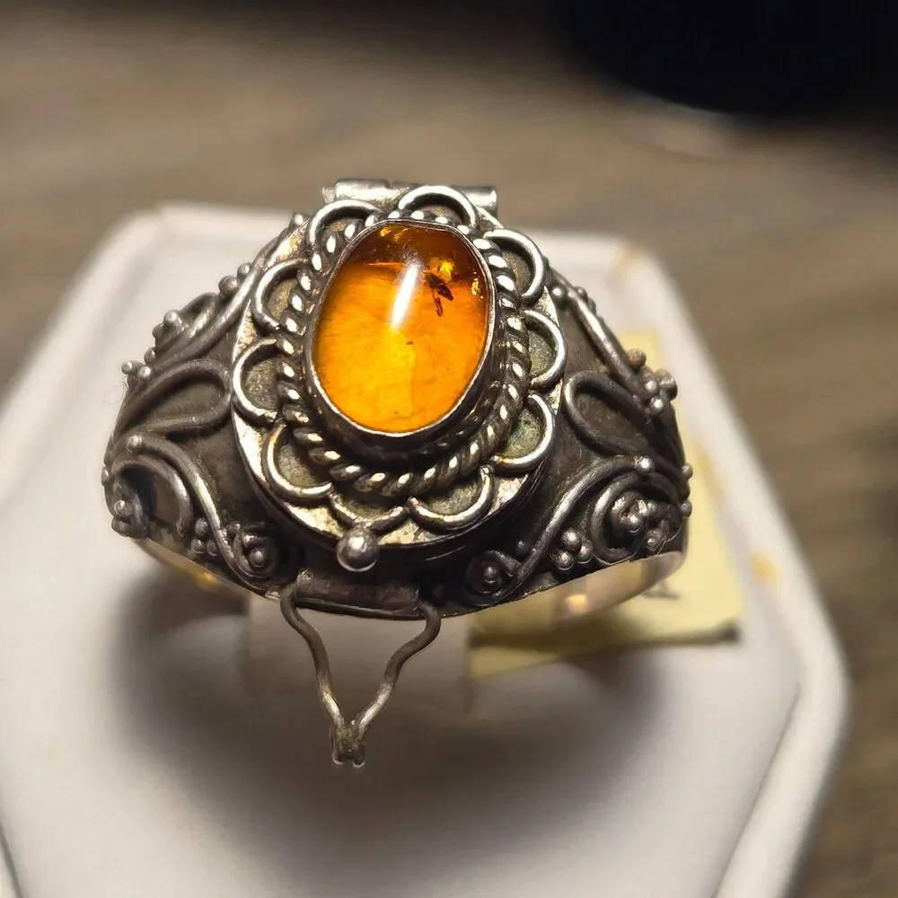 Rare Amber Poison Ring vintage sterling silver ring sz 9.5